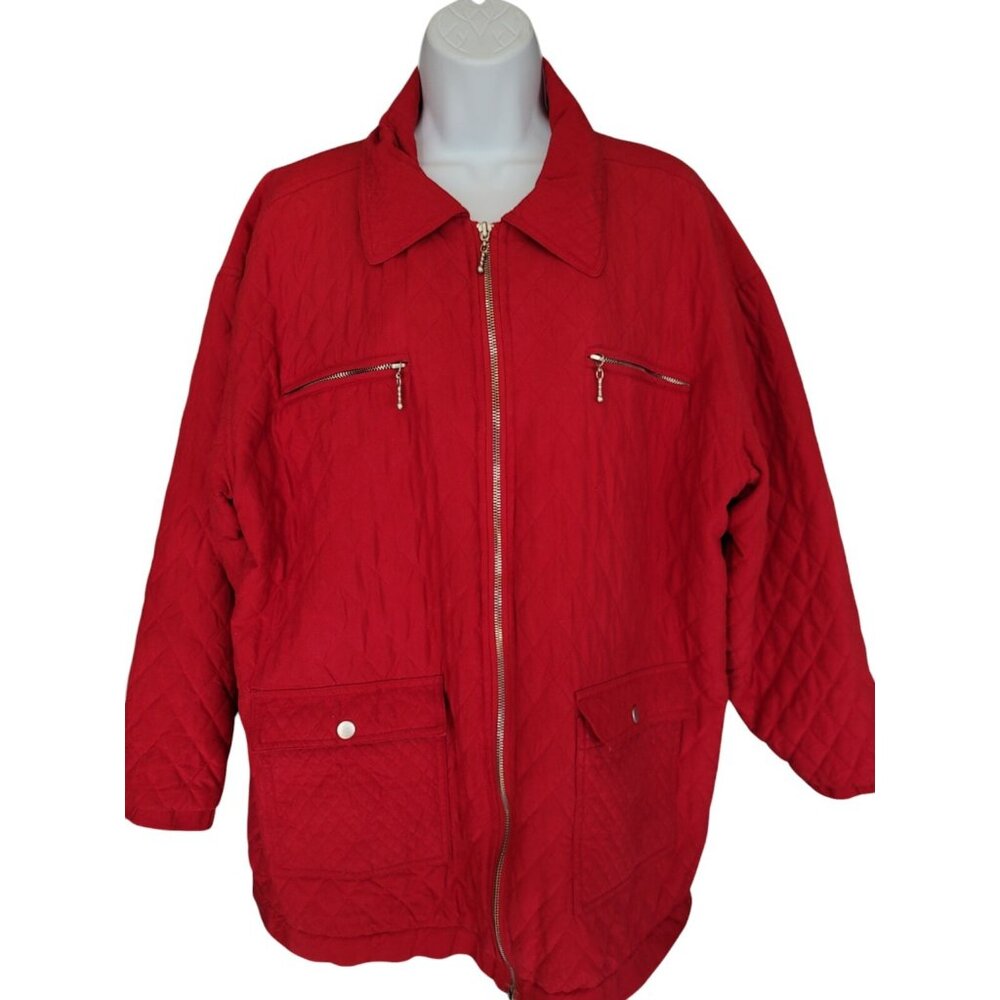 Cambridge Women's Quilted Silk Jacket M Red Lined Zip Pockets Classic‎ Style